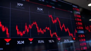Red downward trending charts for XRP and XRP on a digital trading display