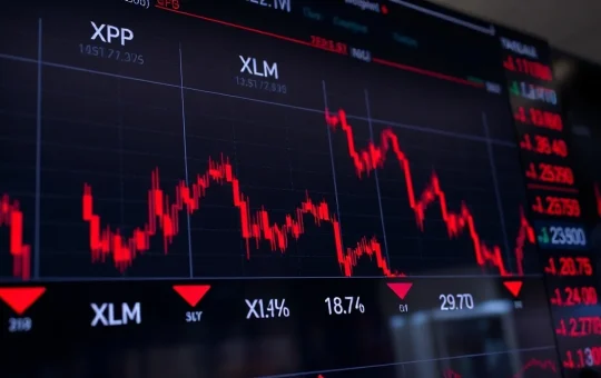 Red downward trending charts for XRP and XRP on a digital trading display