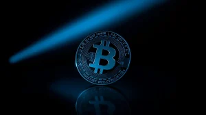 Close-up of a Zcash coin on a dark reflective surface with blue lighting