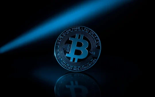 Close-up of a Zcash coin on a dark reflective surface with blue lighting