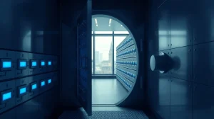 Secure bank vault with digital cryptocurrency lighting, representing Zodia Custody's regulated stablecoin custody in Luxembourg.