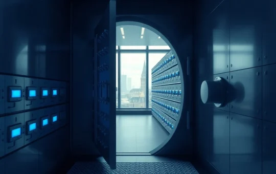 Secure bank vault with digital cryptocurrency lighting, representing Zodia Custody's regulated stablecoin custody in Luxembourg.