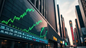 Asian stock exchange display showing green market charts with city skyline at dusk