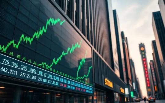 Asian stock exchange display showing green market charts with city skyline at dusk