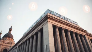 Alfa-Bank building in Moscow with digital blockchain and cryptocurrency symbols overlay