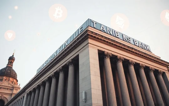 Alfa-Bank building in Moscow with digital blockchain and cryptocurrency symbols overlay