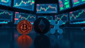 Three glowing coins representing Bitcoin, Ethereum, and XRP on a dark trading desk with chart monitors in background