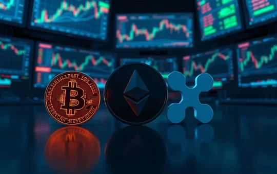 Three glowing coins representing Bitcoin, Ethereum, and XRP on a dark trading desk with chart monitors in background