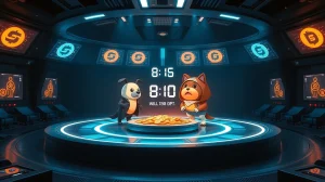 ArenaDAO's digital arena with meme coin characters and a burning vault on BNB Chain