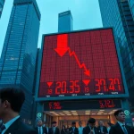 Stock market display showing red declines in an Asian financial district with concerned traders