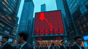 Stock market display showing red declines in an Asian financial district with concerned traders