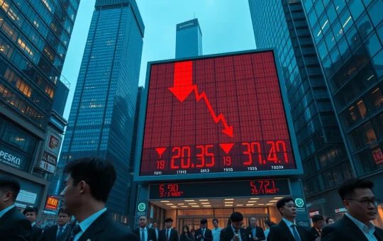 Stock market display showing red declines in an Asian financial district with concerned traders