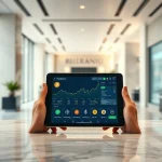BancaStato bank tablet displaying crypto trading interface with Bitcoin, Ethereum, Litecoin, and Solana icons in a Swiss banking hall