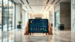 BancaStato bank tablet displaying crypto trading interface with Bitcoin, Ethereum, Litecoin, and Solana icons in a Swiss banking hall