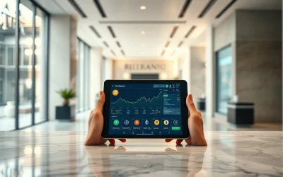 BancaStato bank tablet displaying crypto trading interface with Bitcoin, Ethereum, Litecoin, and Solana icons in a Swiss banking hall