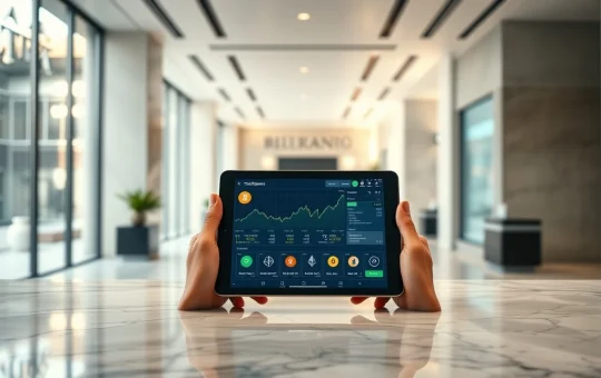 BancaStato bank tablet displaying crypto trading interface with Bitcoin, Ethereum, Litecoin, and Solana icons in a Swiss banking hall