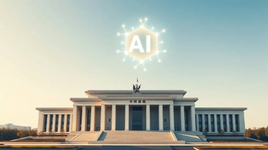 Beijing government building with a glowing AI symbol representing intelligent agents and token economy policy.