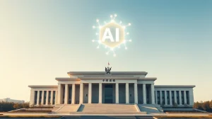 Beijing government building with a glowing AI symbol representing intelligent agents and token economy policy.