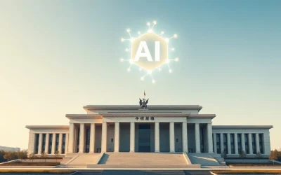 Beijing government building with a glowing AI symbol representing intelligent agents and token economy policy.