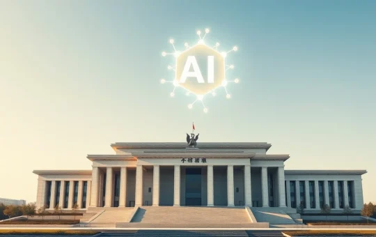 Beijing government building with a glowing AI symbol representing intelligent agents and token economy policy.