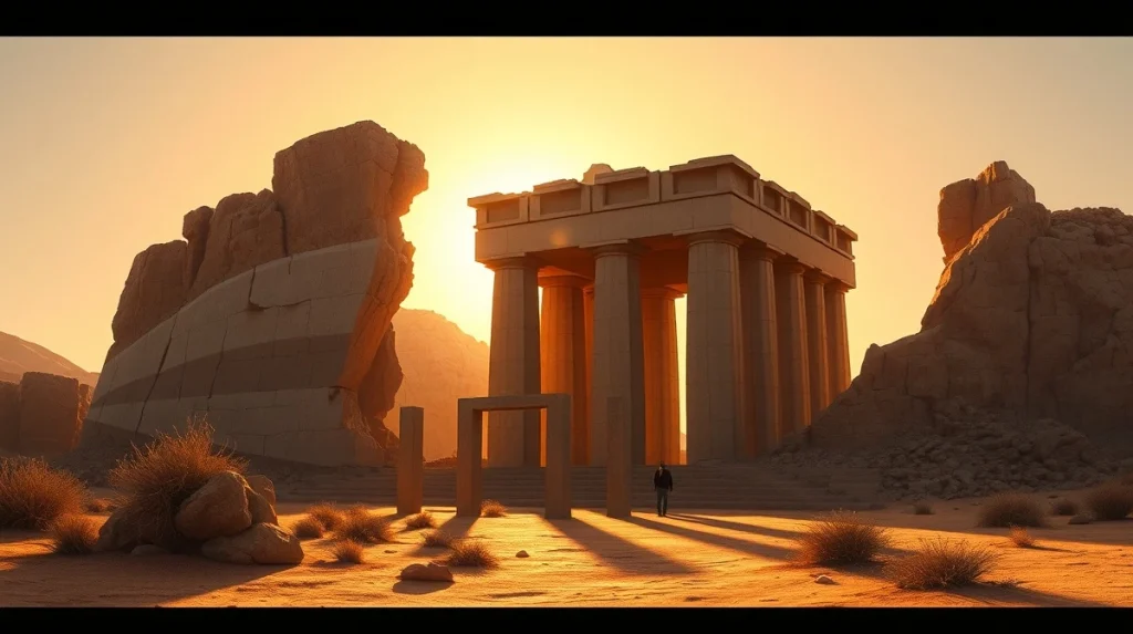 Large stone structure cracking and eroding with smaller stone pillars rising around it in a desert landscape