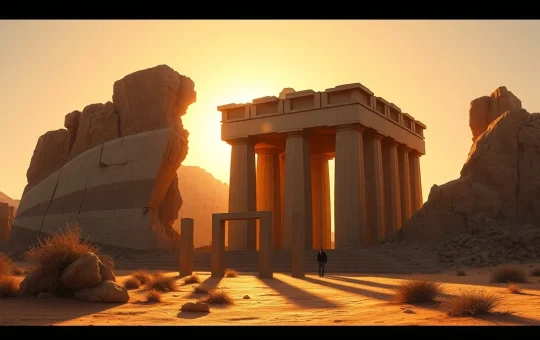 Large stone structure cracking and eroding with smaller stone pillars rising around it in a desert landscape