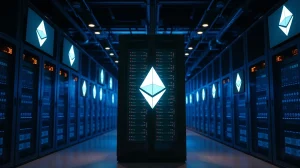 Ethereum-themed server room in a data center representing high-volume ETH withdrawals on Binance.