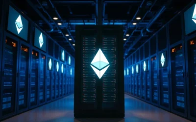 Ethereum-themed server room in a data center representing high-volume ETH withdrawals on Binance.