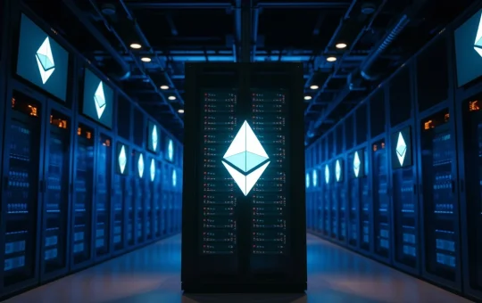 Ethereum-themed server room in a data center representing high-volume ETH withdrawals on Binance.