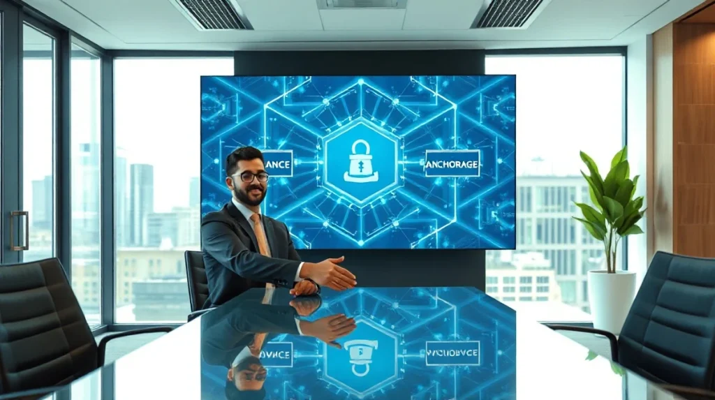 Binance and Anchorage Digital representatives shaking hands in a modern office with a blockchain network graphic on screen.