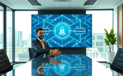 Binance and Anchorage Digital representatives shaking hands in a modern office with a blockchain network graphic on screen.
