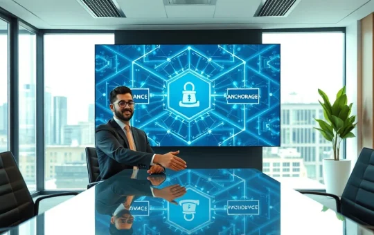 Binance and Anchorage Digital representatives shaking hands in a modern office with a blockchain network graphic on screen.