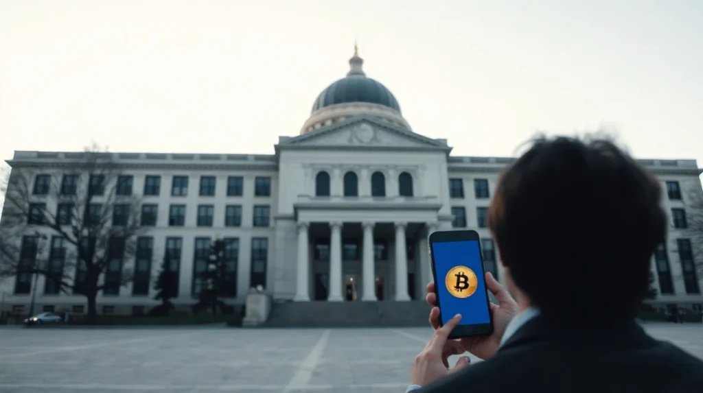 Department of Justice building in Washington D.C. with a person looking at a Bitcoin symbol on a smartphone in the foreground.