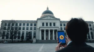 Department of Justice building in Washington D.C. with a person looking at a Bitcoin symbol on a smartphone in the foreground.