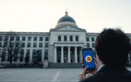Department of Justice building in Washington D.C. with a person looking at a Bitcoin symbol on a smartphone in the foreground.