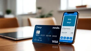 BingX Visa crypto debit card on a desk next to a smartphone showing the BingX app