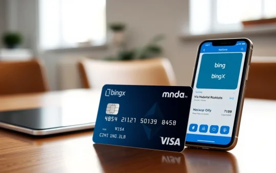 BingX Visa crypto debit card on a desk next to a smartphone showing the BingX app