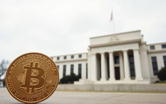 Bitcoin coin in foreground with the Federal Reserve building in background