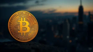 Bitcoin coin glowing against a dark city skyline at dusk, representing crypto market recovery after bear market.