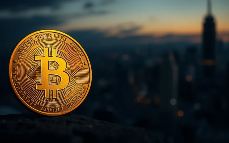 Bitcoin coin glowing against a dark city skyline at dusk, representing crypto market recovery after bear market.