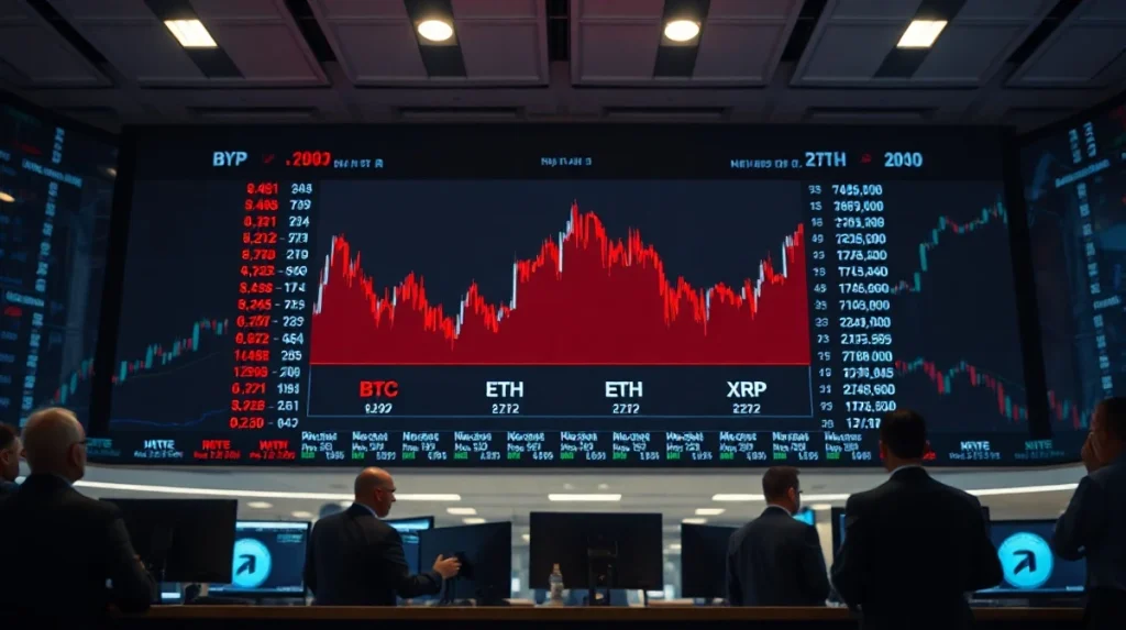 Trading screen showing red charts for Bitcoin, Ethereum, and XRP during a market sell-off