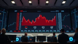 Trading screen showing red charts for Bitcoin, Ethereum, and XRP during a market sell-off