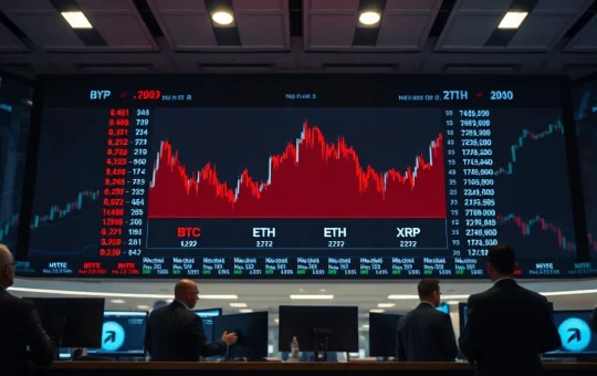 Trading screen showing red charts for Bitcoin, Ethereum, and XRP during a market sell-off