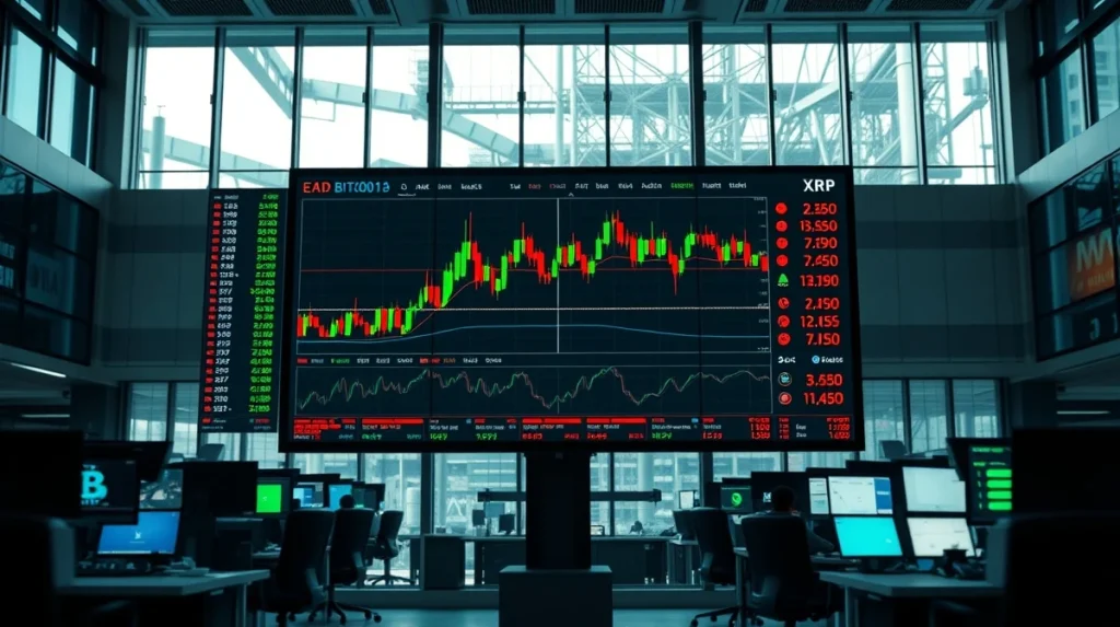 Trading floor display showing Bitcoin, Ethereum, and XRP price charts in August 2026