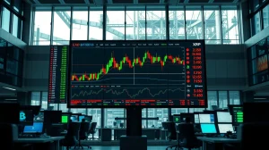 Trading floor display showing Bitcoin, Ethereum, and XRP price charts in August 2026
