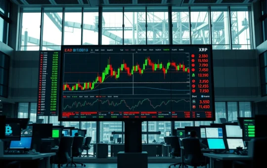 Trading floor display showing Bitcoin, Ethereum, and XRP price charts in August 2026