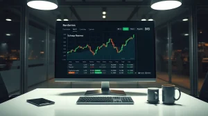 Bitcoin exchange reserves chart on a monitor showing declining supply trend in a professional newsroom setting.
