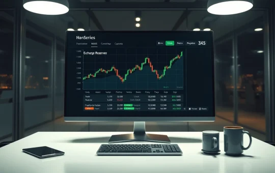 Bitcoin exchange reserves chart on a monitor showing declining supply trend in a professional newsroom setting.