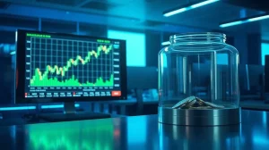 Split scene of a Bitcoin futures chart showing a positive spike and a near-empty stablecoin reserve vault.