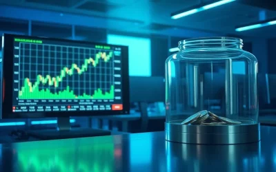 Split scene of a Bitcoin futures chart showing a positive spike and a near-empty stablecoin reserve vault.